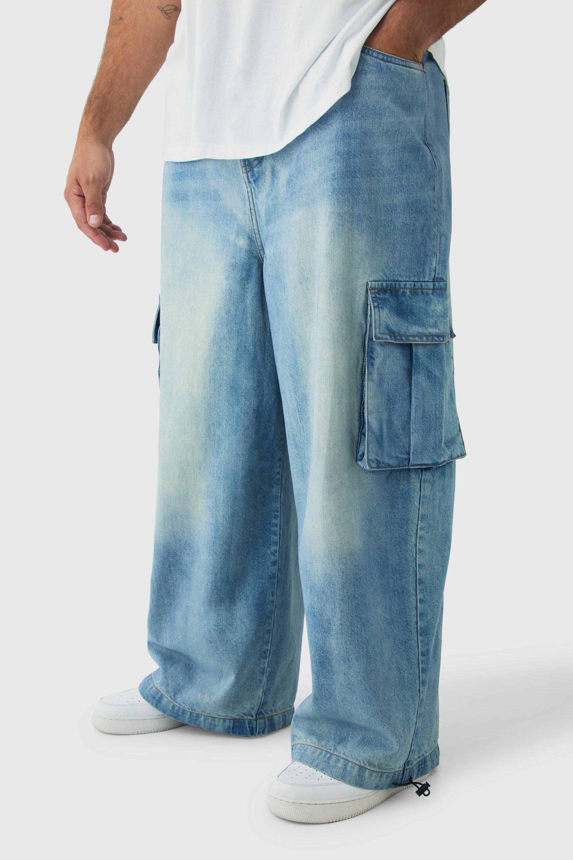 Plus Denim Cargo Parachute Jeans | boohooMAN USA
